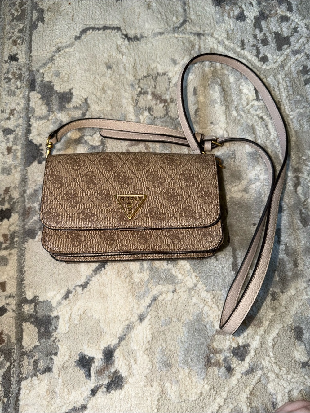 Guess Monogram Crossbody Bag in Beige and Light Pink Trim